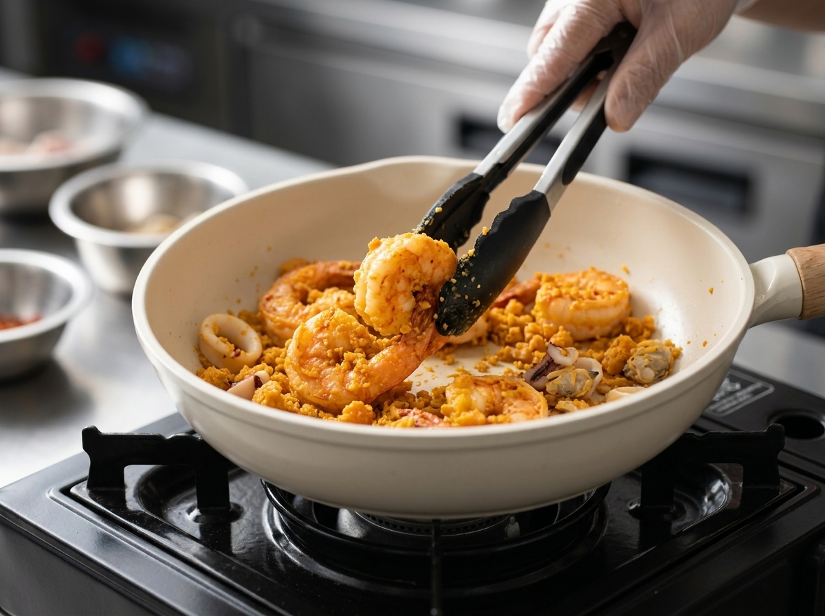 Una persona usa pinze nere per mescolare gamberi e una salsa spumosa di tuorlo duovo dorato in una padella chiara.