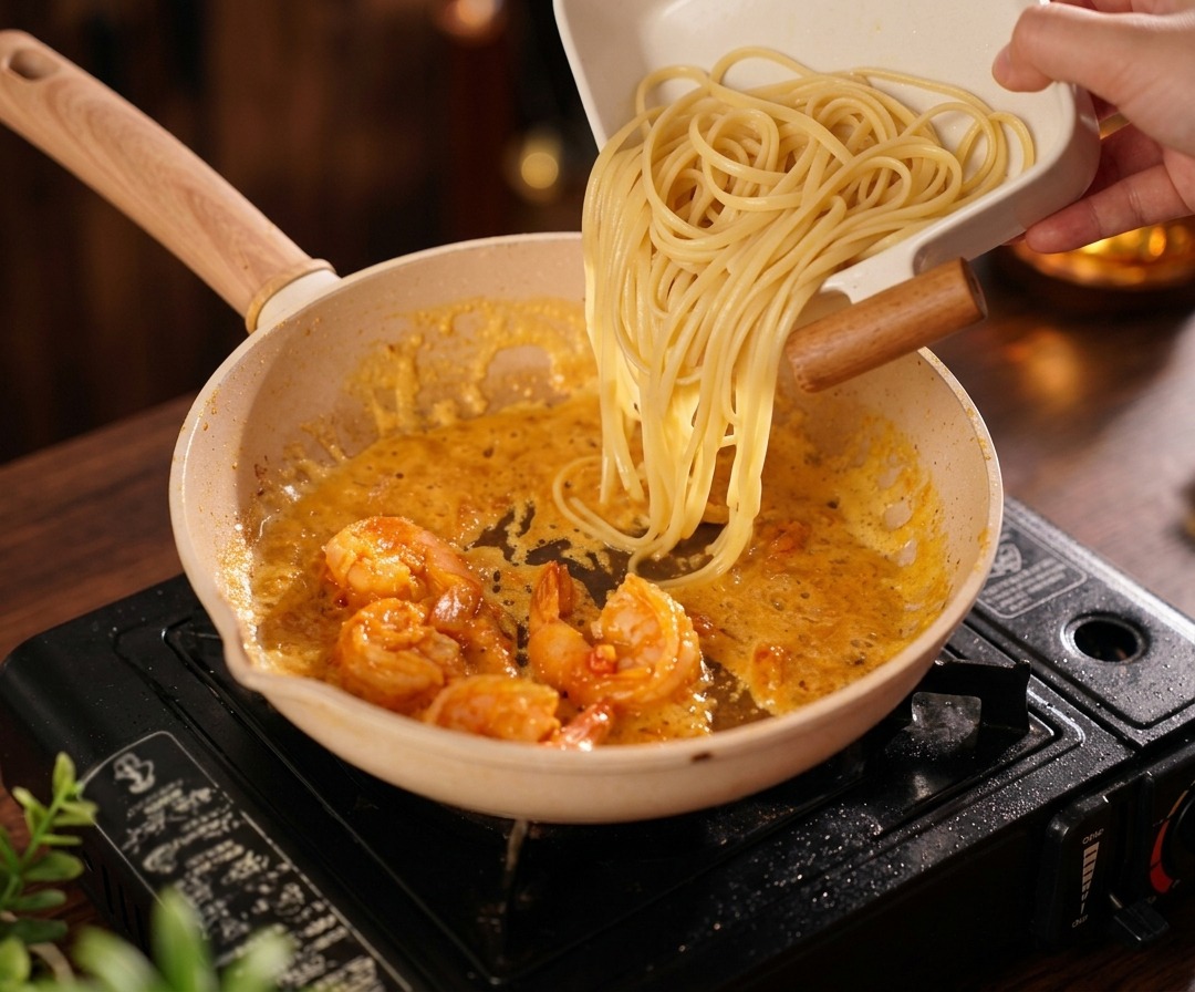 Spaghetti cotti versati da un vassoio bianco in una padella contenente gamberi e una densa salsa dorata.