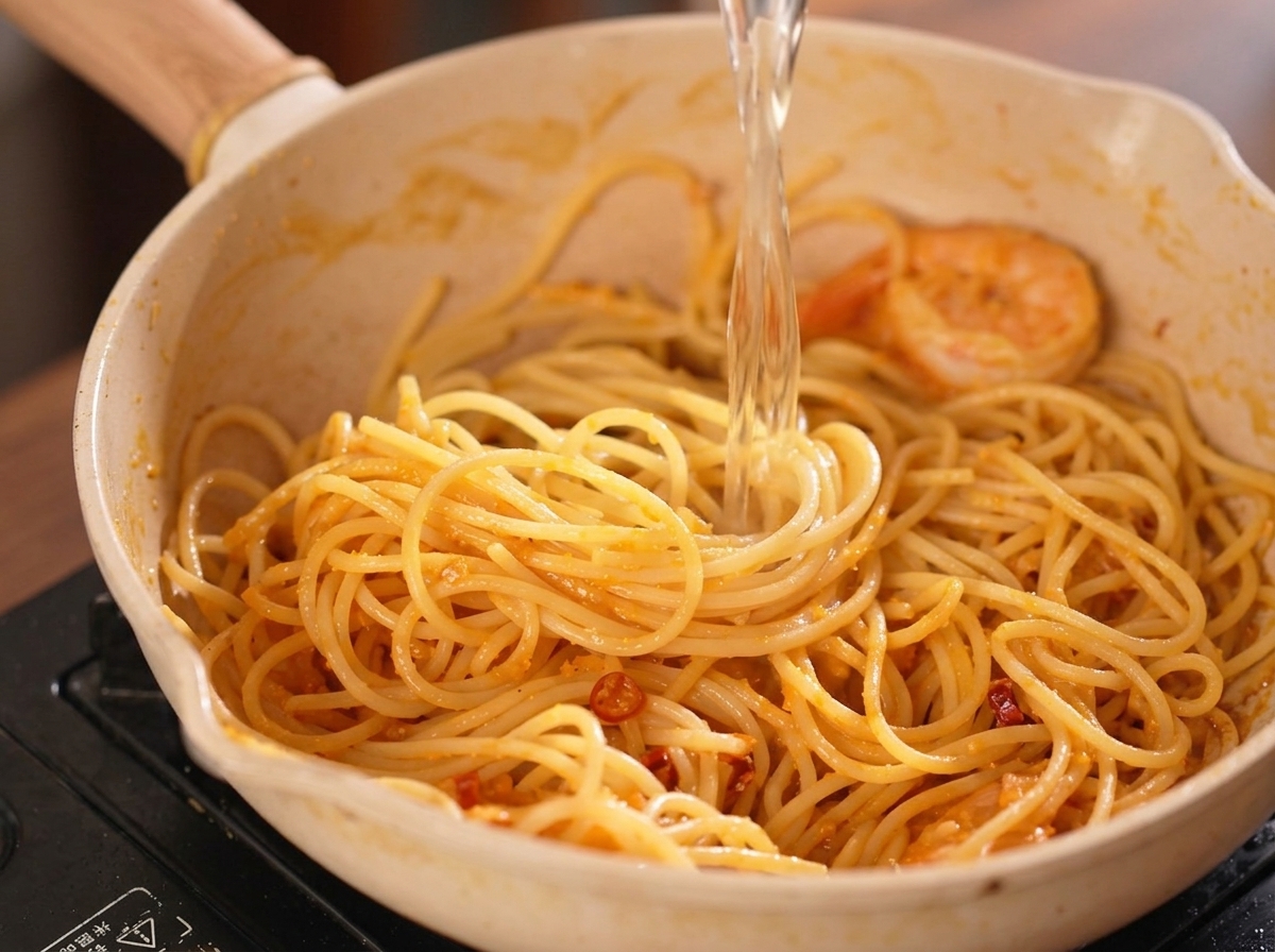Brodo di pollo limpido versato su un nido di spaghetti e gamberi in una padella chiara.