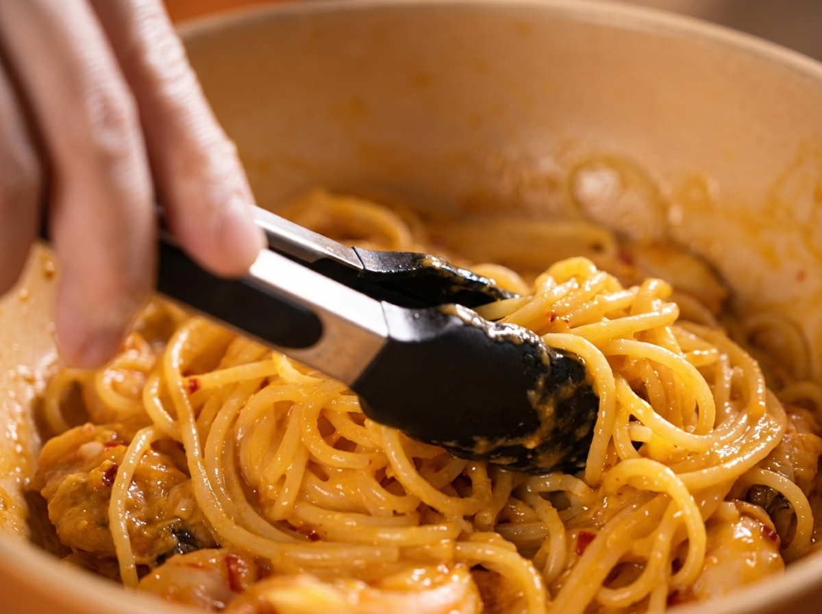 Pinze che saltano spaghetti in una salsa cremosa di tuorlo duovo arancione allinterno di una grande padella in ceramica.