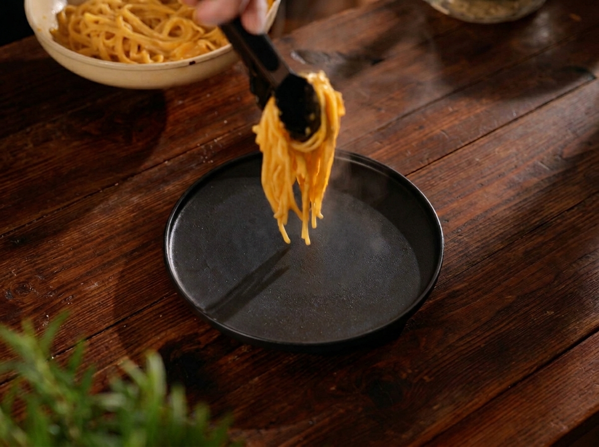Un nido fumante di pasta dorata servito con pinze nere su un elegante piatto nero opaco su un tavolo di legno rustico.