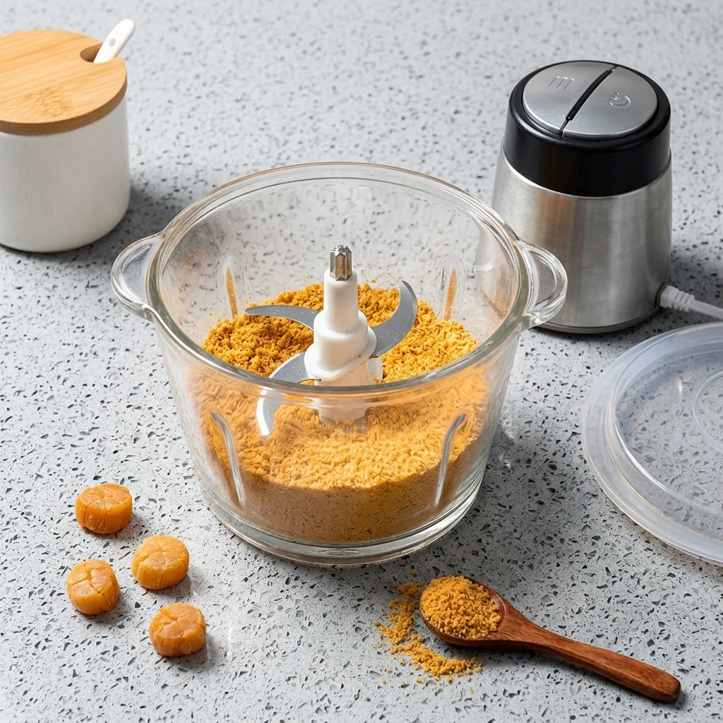 Contenitore del mixer pieno di una polvere dorata dalla consistenza sabbiosa.