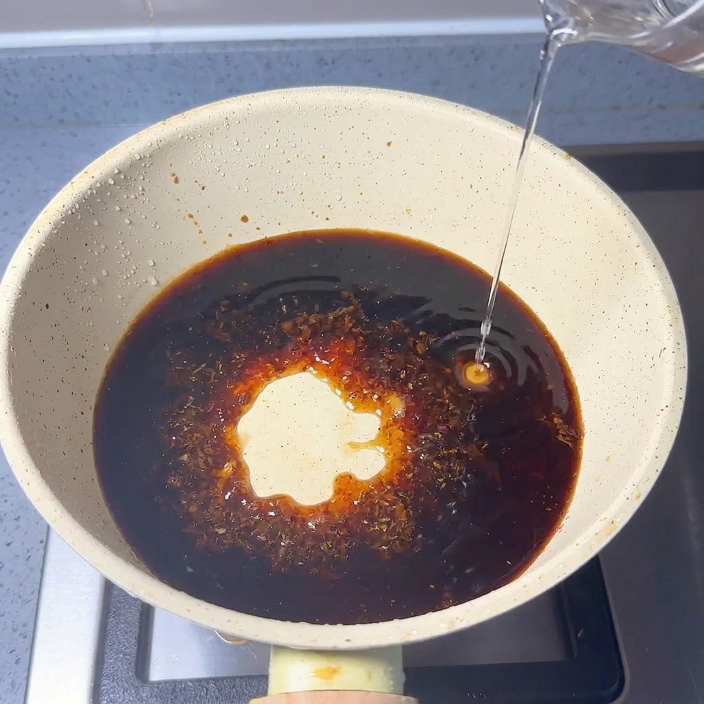 Liquido trasparente versato in un pentolino con salsa scura e granelli di polvere di pesce.