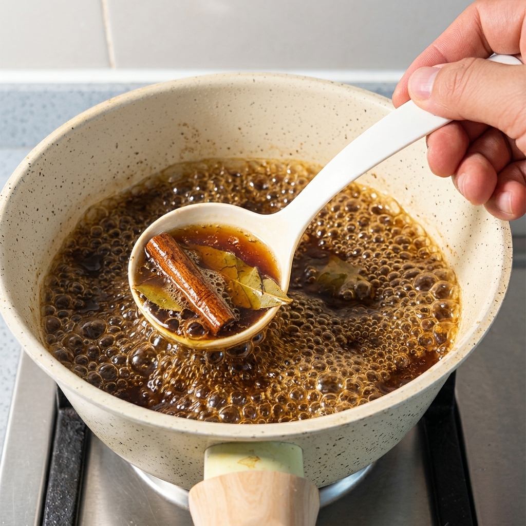 Mestolo bianco che raccoglie salsa bruna bollente con un pezzo di alga kombu da una pentola.