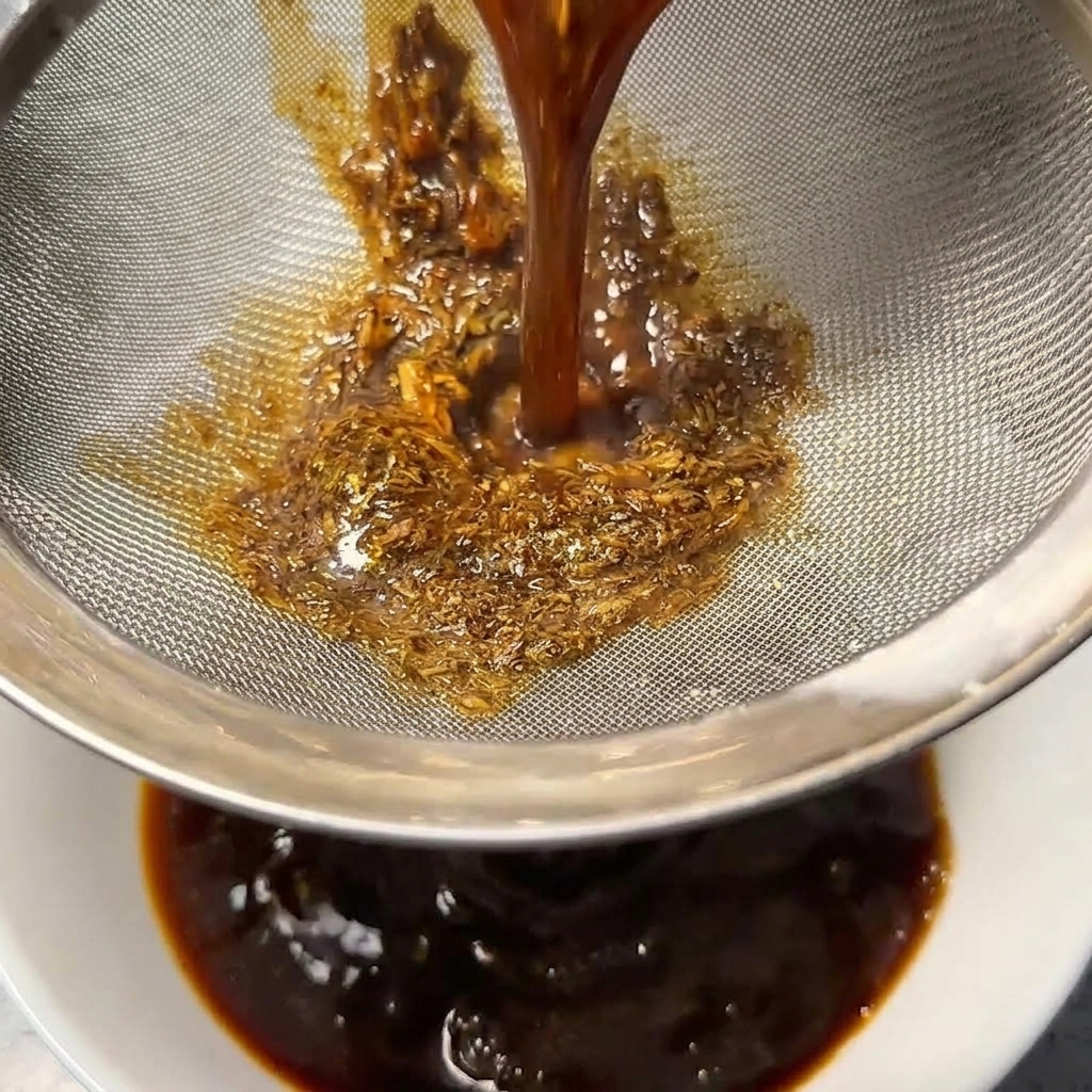 Salsa marrone scuro versata attraverso un setaccio metallico in una ciotola bianca.