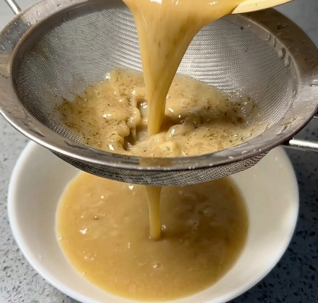 Brodo denso color nocciola versato attraverso un colino in una ciotola di ceramica.
