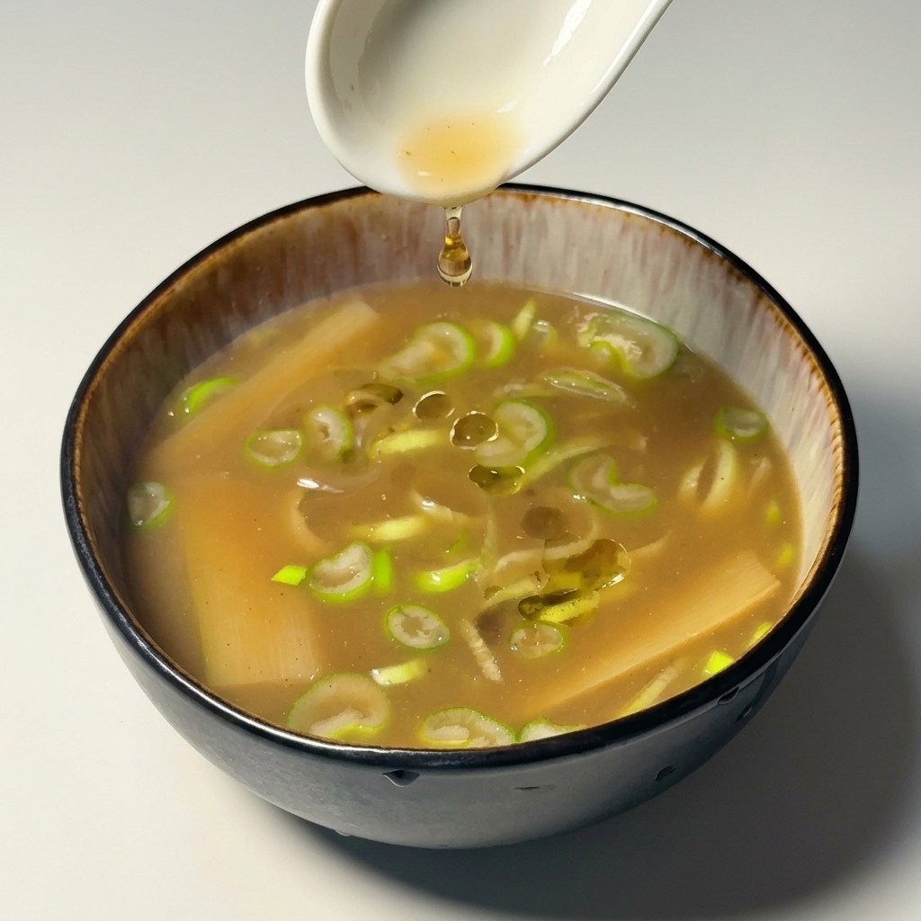 Cucchiaio bianco che versa olio dorato in una ciotola di brodo guarnita.