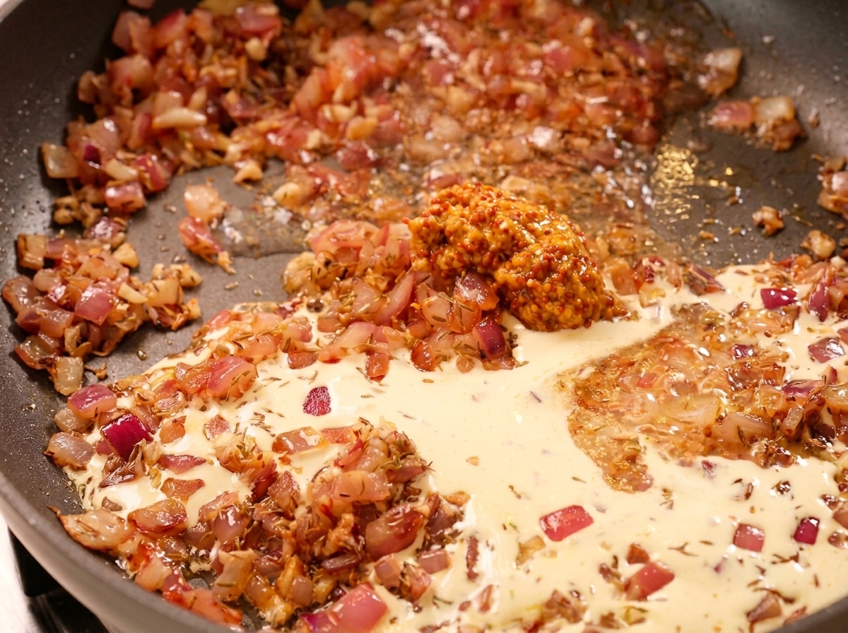 Panna liquida versata in padella insieme a cipolle, aglio, timo e un cucchiaio di senape in grani.