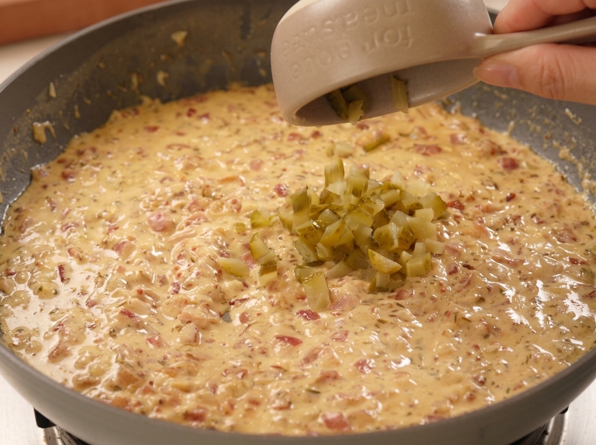 Cetriolini a cubetti aggiunti da una ciotolina in una salsa gialla e densa in padella.