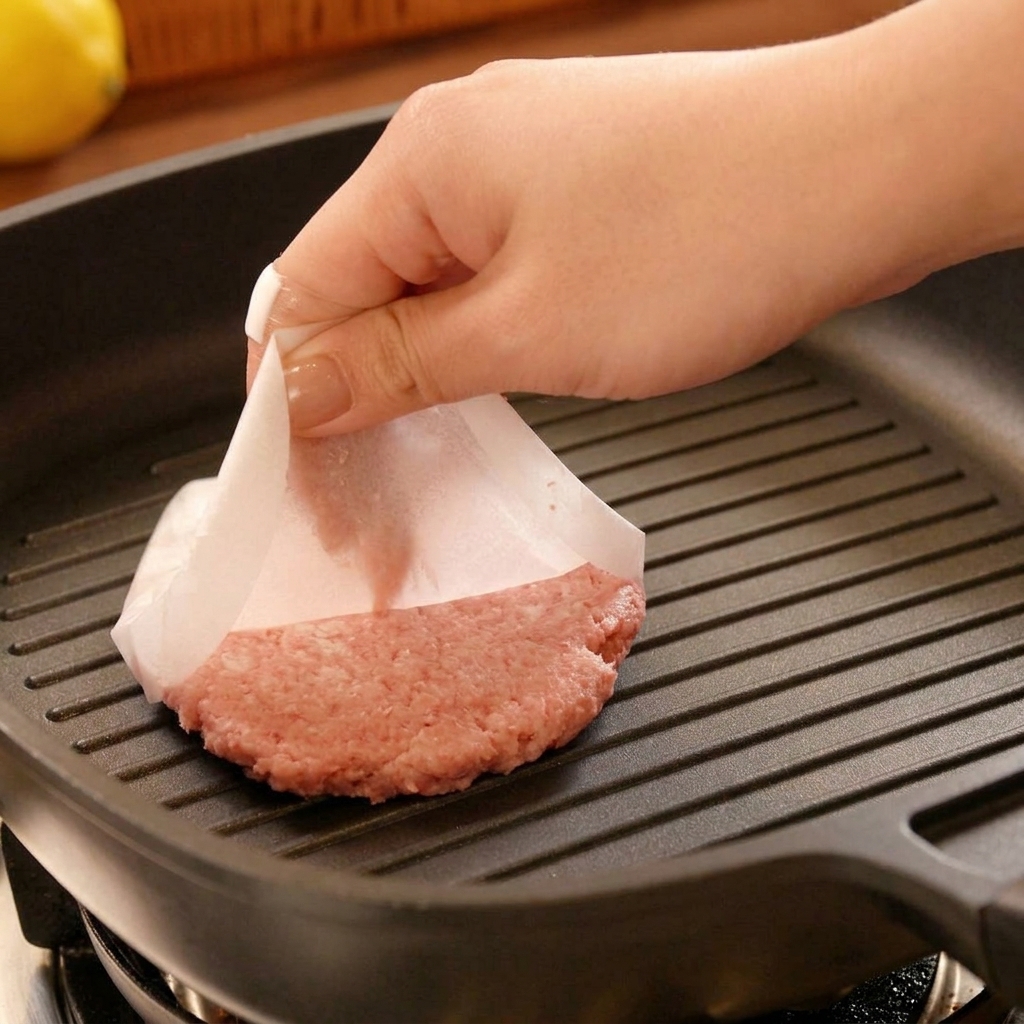 Una mano che solleva un pezzo di carta forno da un patty appena messo su una piastra rovente.