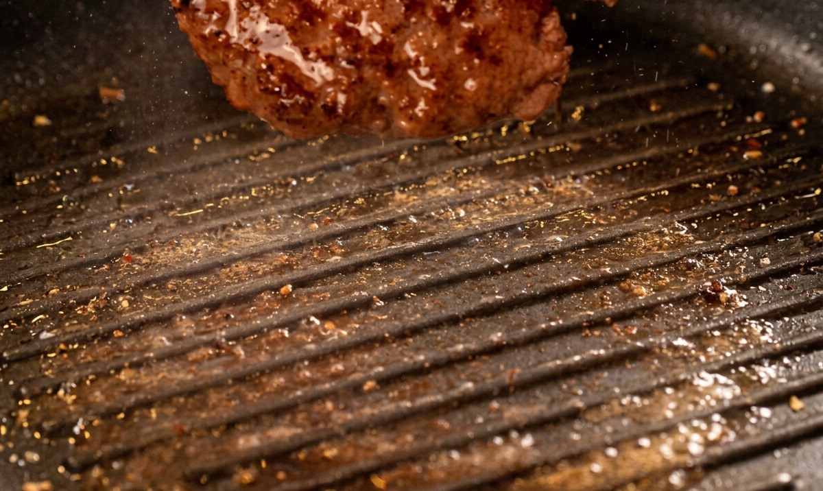 Un patty di manzo girato sulla piastra, con evidenti segni di grigliatura scuri e grasso lucido.