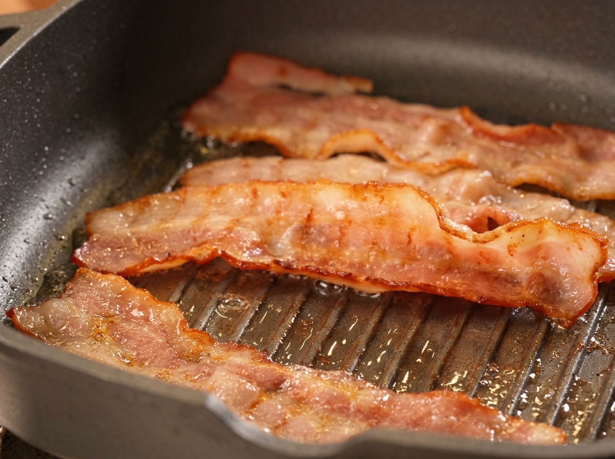 Strisce di bacon che sfrigolano e dorano in una piastra di ghisa nera.