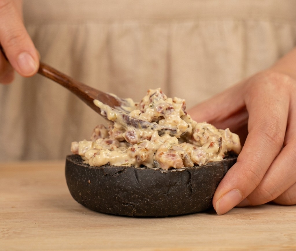Una persona che usa un cucchiaio di legno per spalmare una salsa densa su metà di un panino nero.