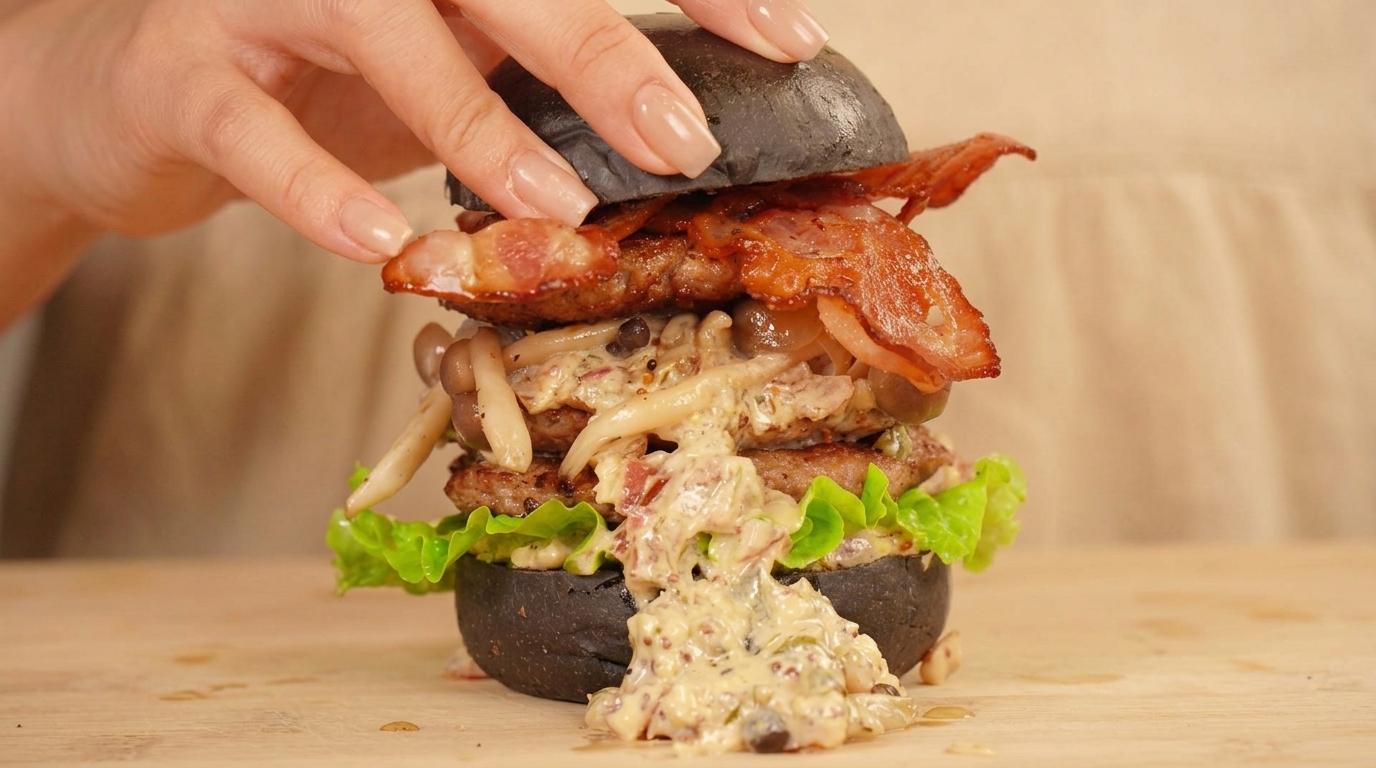 Black Gold Burger: Doppio Hamburger di Manzo con Salsa Cremosa alla Senape