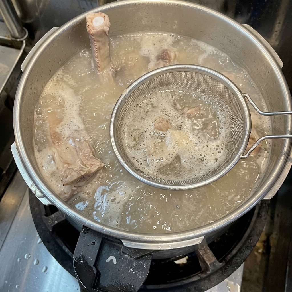 Un colino a maglia fine rimuove la schiuma grigia dalla superficie del brodo di maiale in ebollizione.