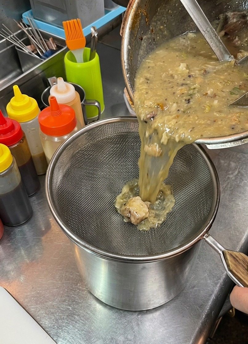 Un brodo per ramen denso e cremoso viene versato da una grande pentola attraverso un colino dargento in un contenitore di metallo, trattenendo pezzi di maiale e verdure.