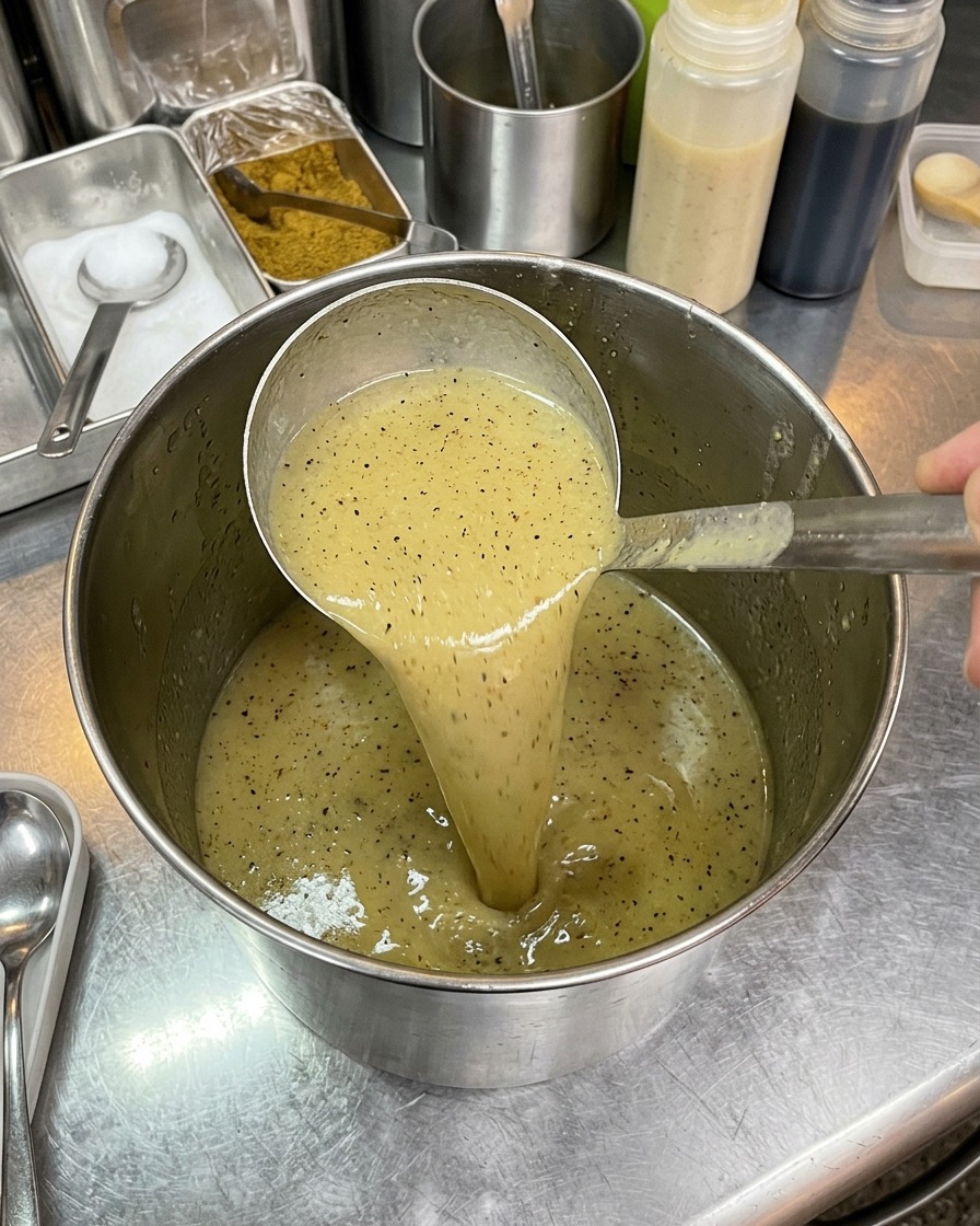 Un mestolo solleva una zuppa densa, opaca ed emulsionata di colore marrone chiaro da un contenitore in acciaio per mostrarne la consistenza cremosa.