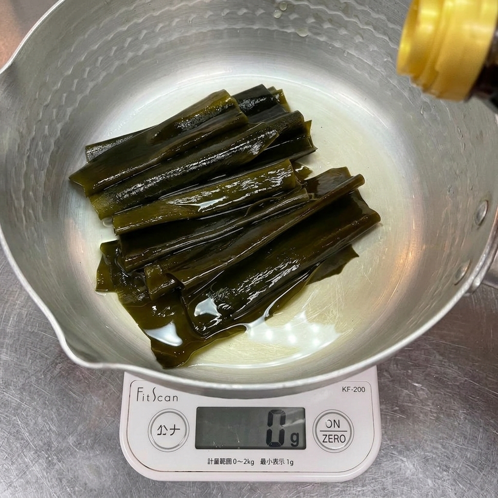 Strisce di alga kombu verde scuro in una pentola dargento vengono pesate su una bilancia digitale mentre viene versato il condimento liquido.