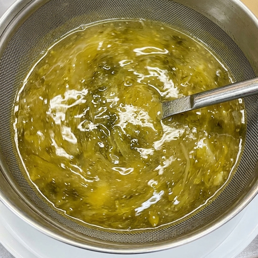 Una frusta mescola un brodo denso e giallastro per ramen in una ciotola di metallo, incorporando erbe verdi e condimenti.