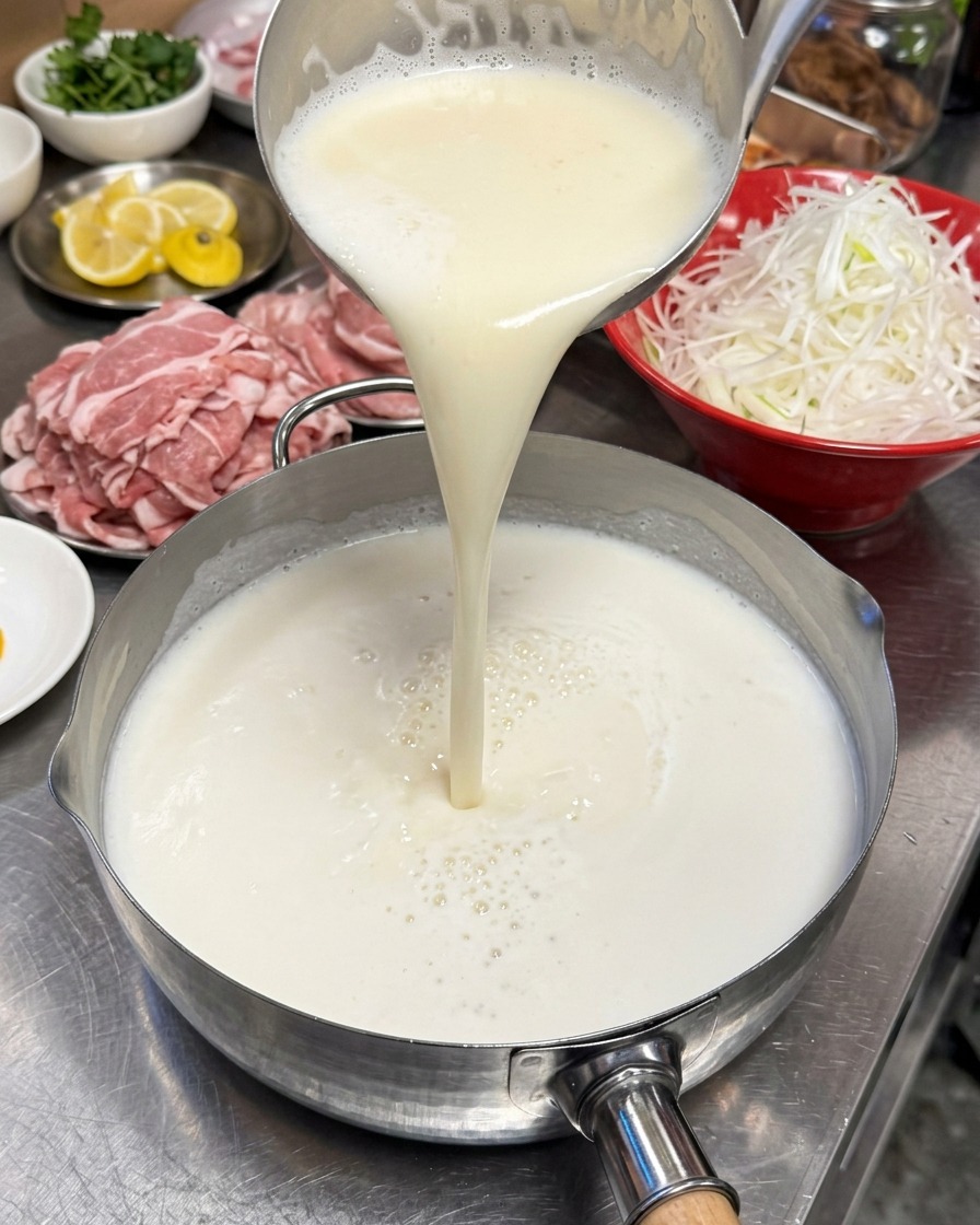 Un brodo di ramen cremoso e bianco viene versato da un mestolo in una pentola di acciaio inossidabile.