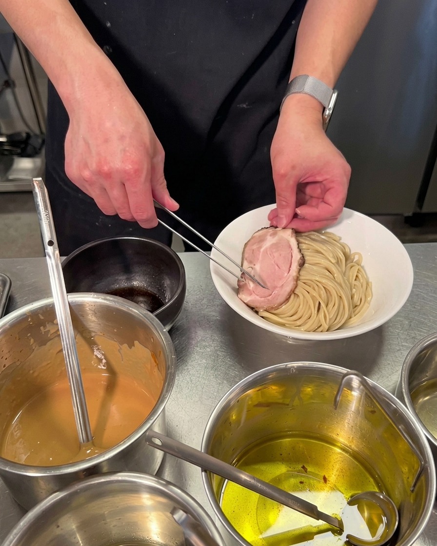 Delle pinze da cucina argentate posizionano una fetta rotonda di chashu di maiale su una ciotola di noodles ben disposti.