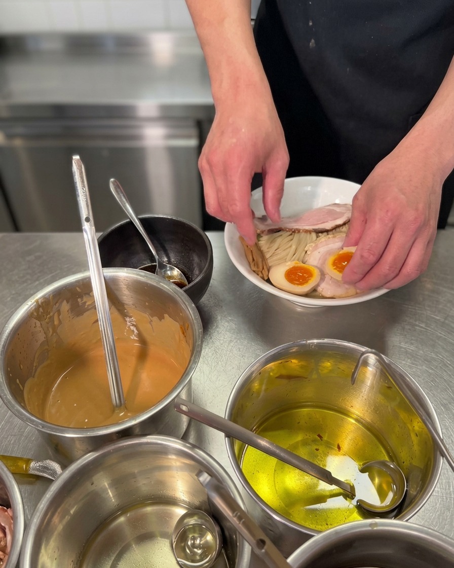 Primo piano di mani che posizionano due metà di un uovo da ramen con il tuorlo cremoso e arancione in una ciotola con noodles e maiale a fette.