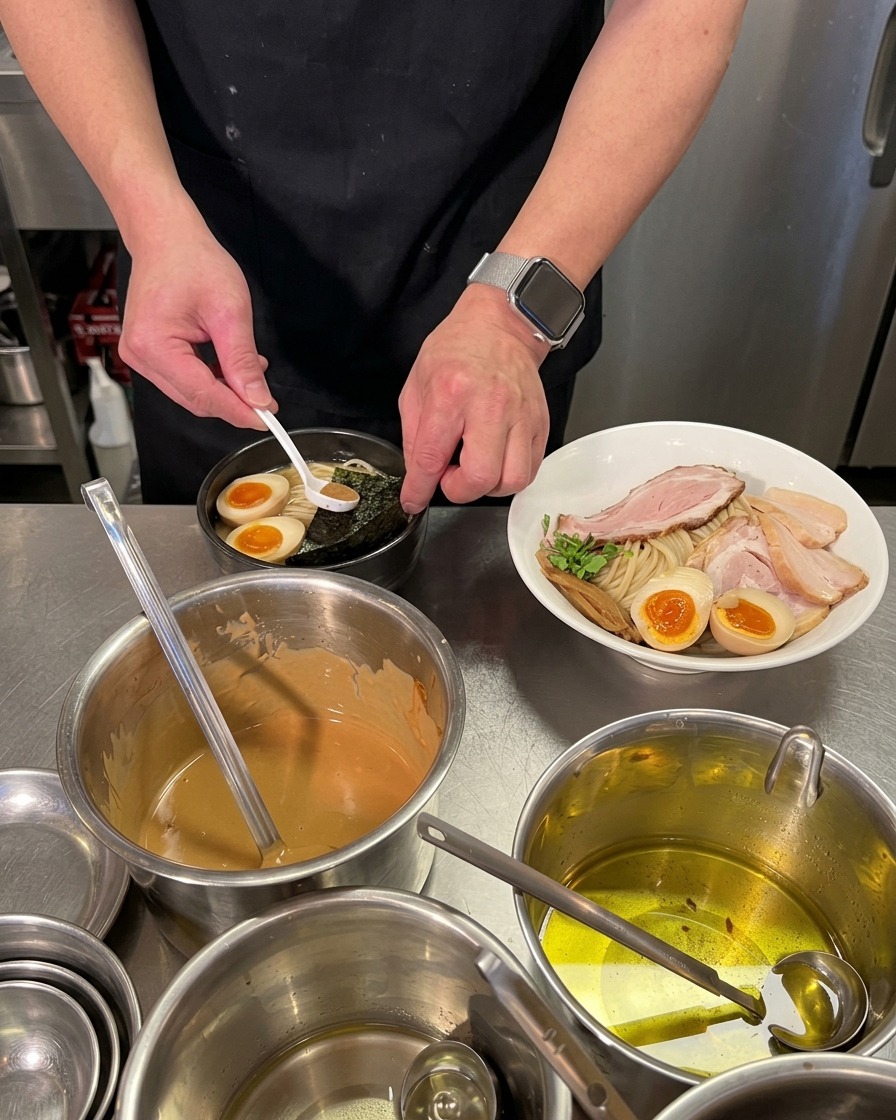 Una persona usa un piccolo cucchiaio bianco per mettere una spolverata di polvere di pesce marrone su un pezzo di alga nori in una ciotola di brodo scuro.