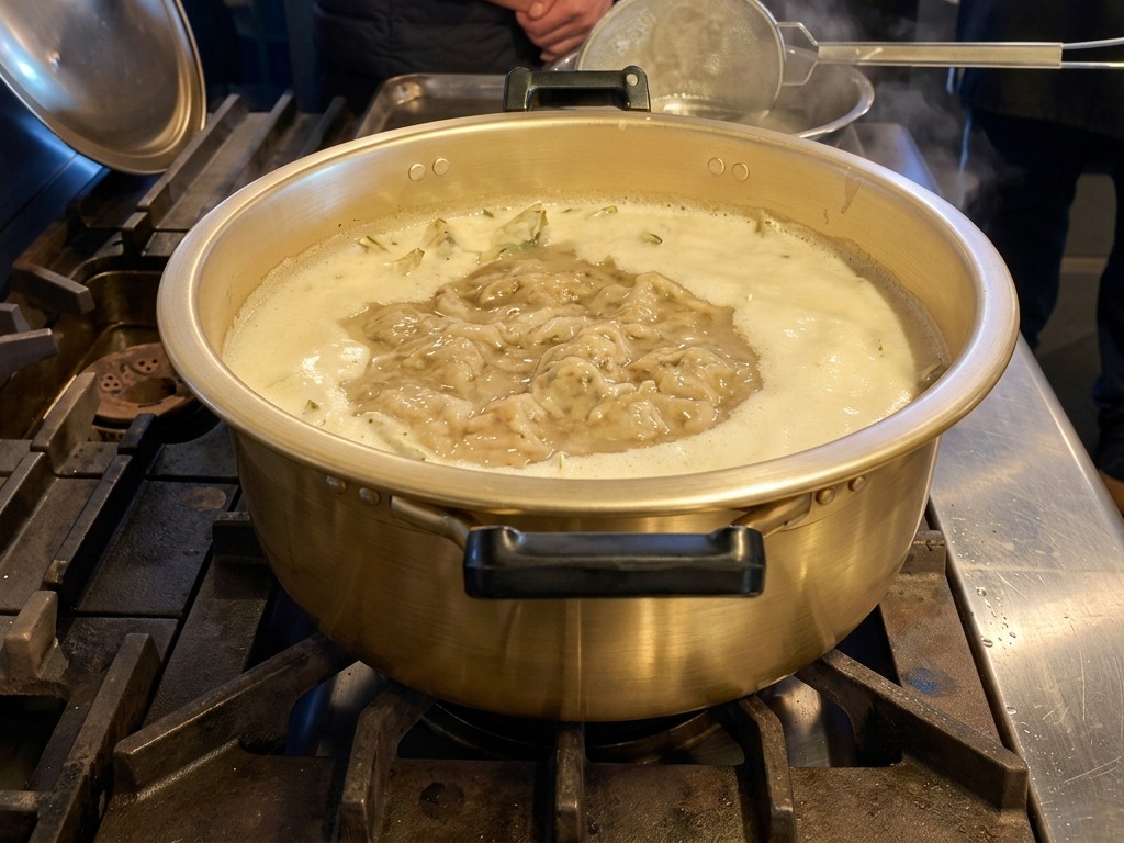 Pezzi di pesce essiccato e aromi che sobbollono in un brodo denso e bianco-dorato allinterno di una grande pentola.