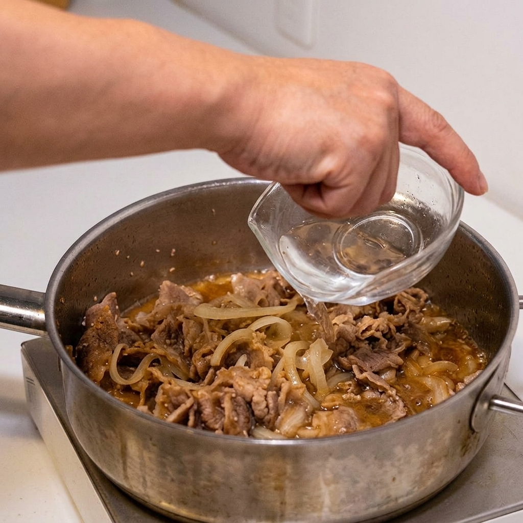 Una mano che versa acqua limpida da una piccola ciotola di vetro in una padella con manzo, cipolle e salsa.