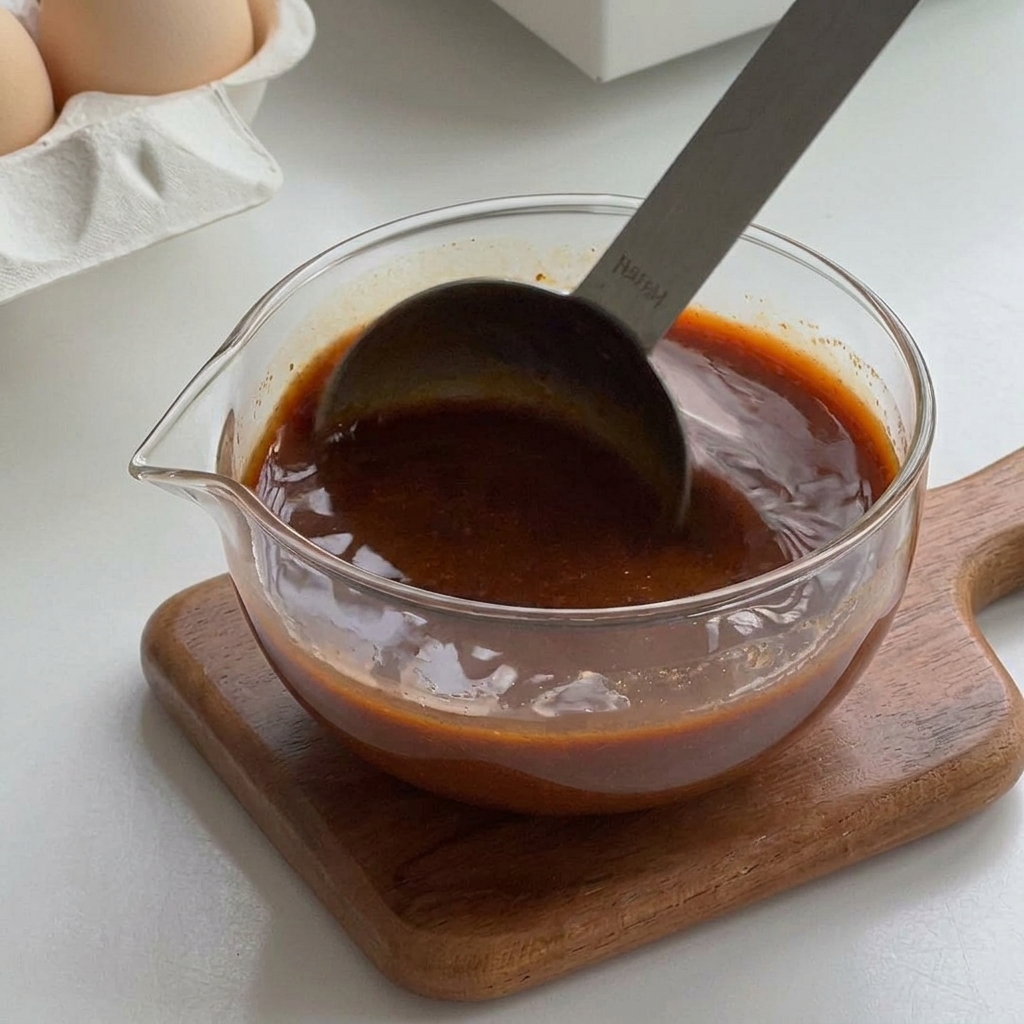 Una miscela di salsa marrone scuro mescolata energicamente con un cucchiaio di metallo in una ciotola di vetro trasparente.