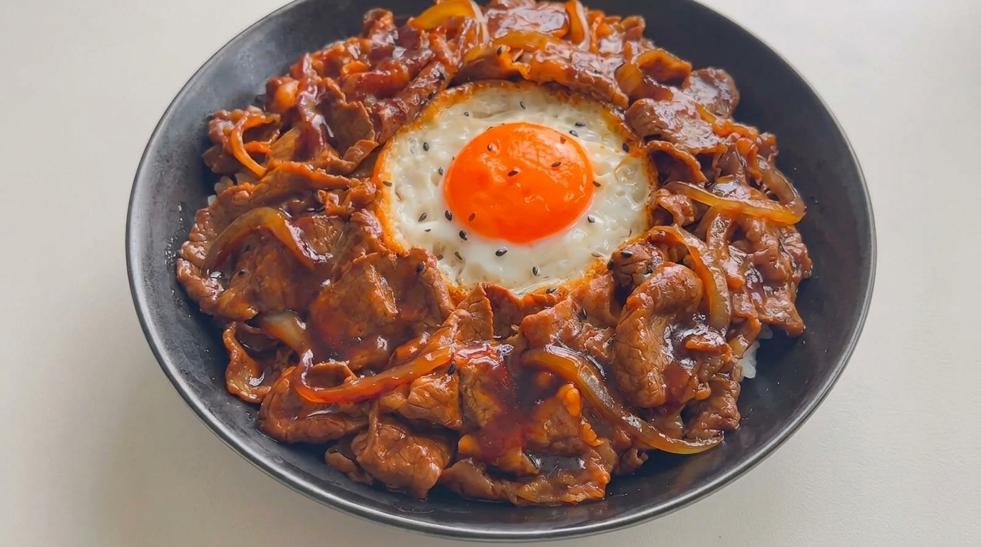 Un classico Gyudon fatto in casa con straccetti di manzo glassati, cipolle tenere e un uovo allocchio di bue lucido adagiato su riso bianco.