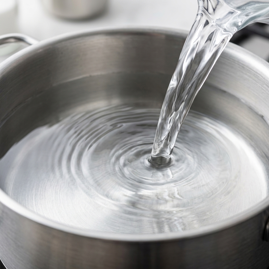 Acqua limpida versata da una caraffa in una pentola di acciaio inossidabile pulita sul fuoco.