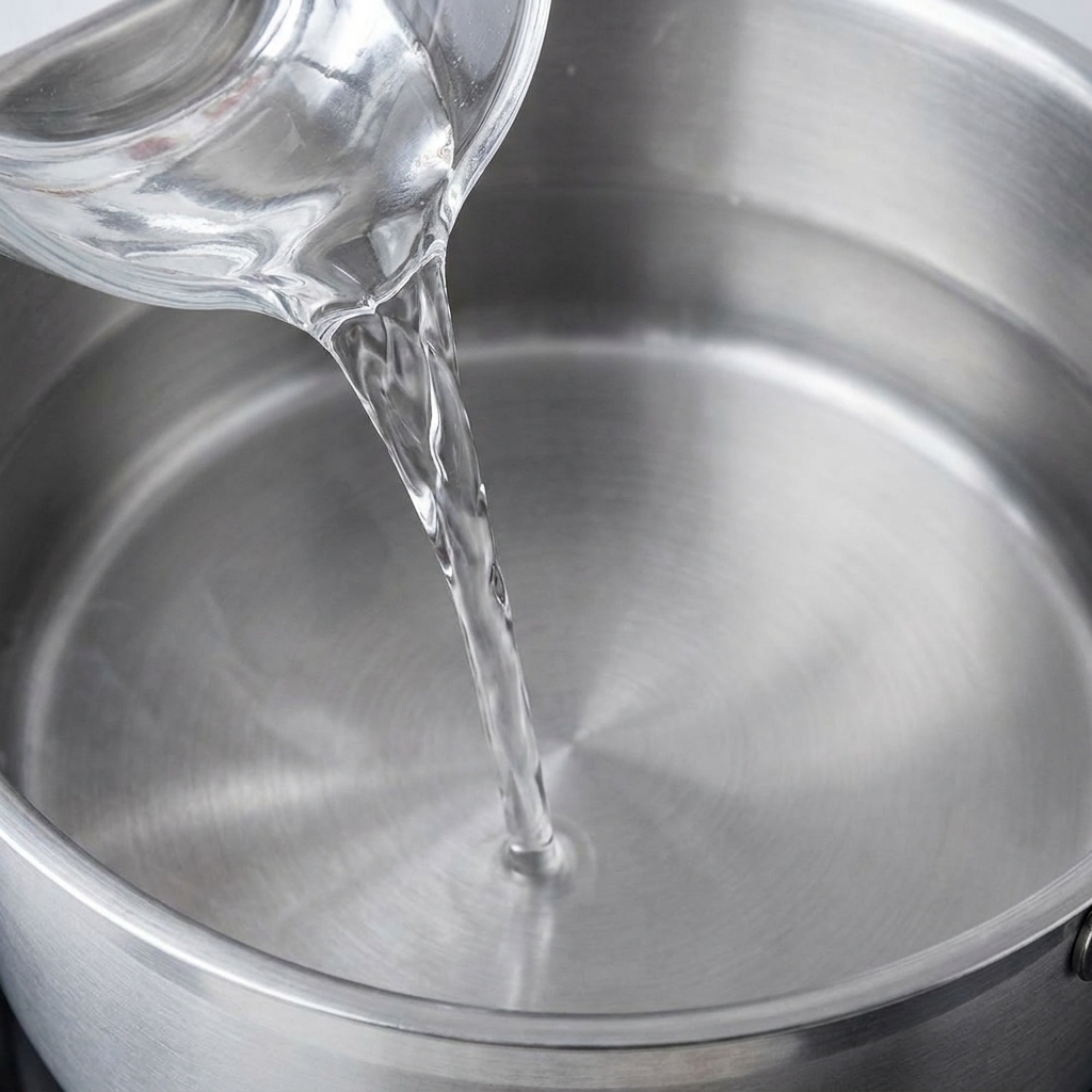 Sake limpido versato da un contenitore di vetro in una pentola con acqua.