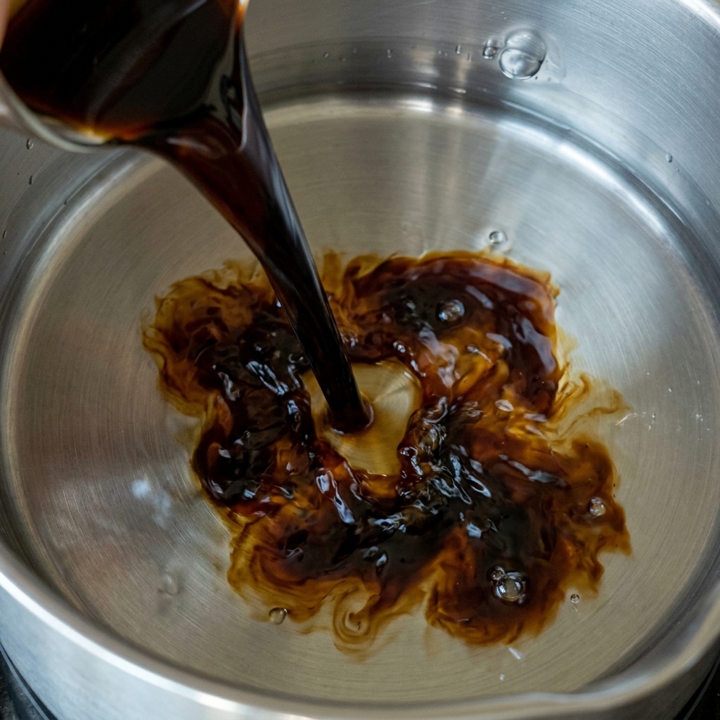 Salsa di soia scura versata in una pentola con un liquido limpido, creando venature scure mentre si mescola.