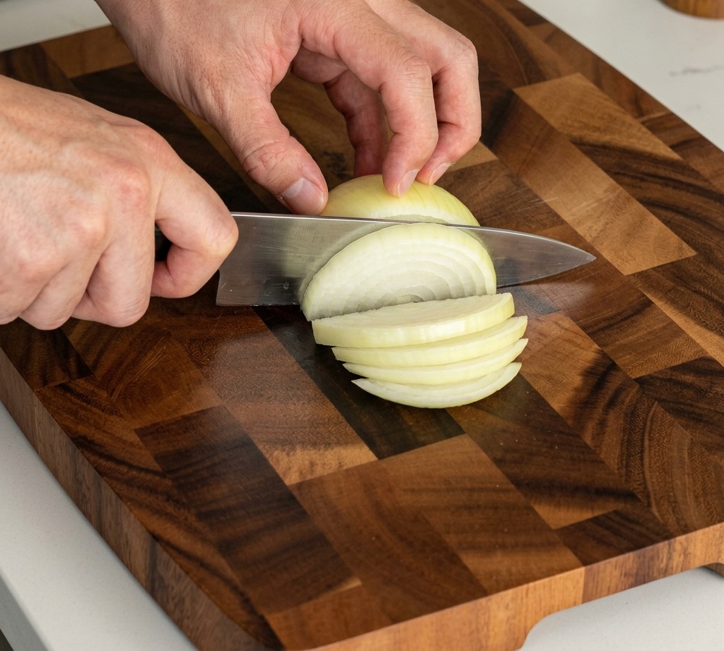 Una persona taglia una cipolla bianca a spicchi spessi su un tagliere di legno scuro usando un coltello da cucina.
