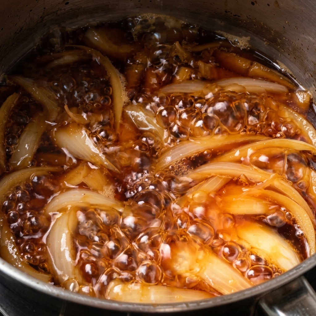 Primo piano di fette di cipolla che sobbollono in un brodo scuro e saporito, con la salsa che inizia a glassare le verdure.