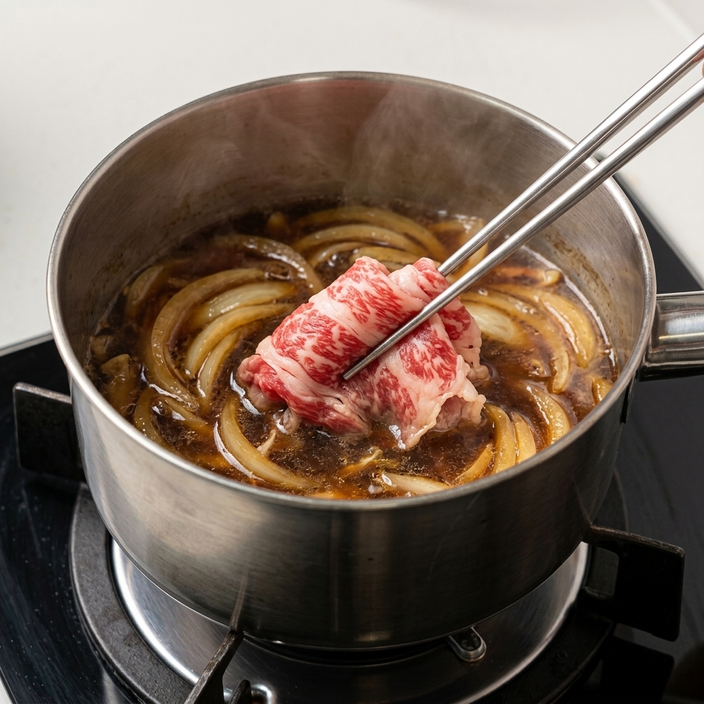 Bacchette di metallo immergono sottili fette di manzo marezzato in una pentola con cipolle e salsa marrone scuro.