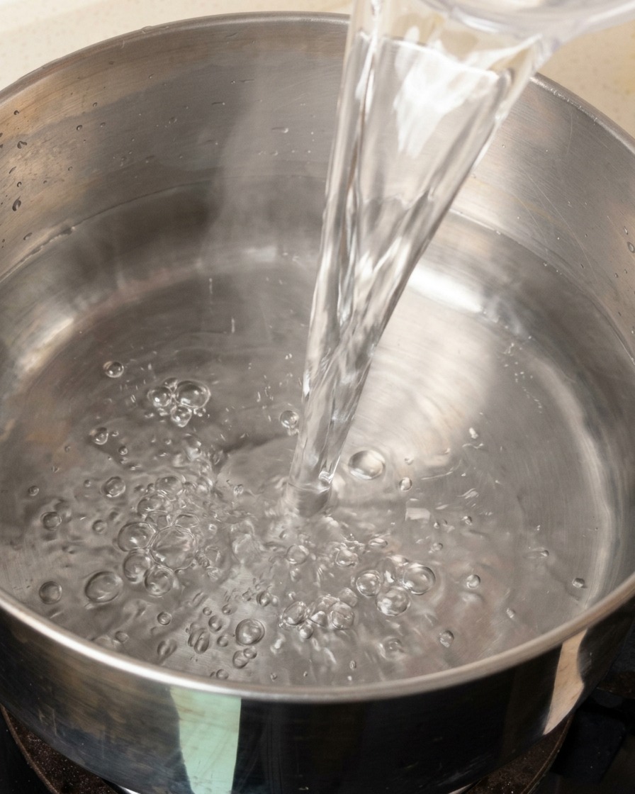 Acqua fresca viene versata in una pentola di acciaio inossidabile sul fornello.