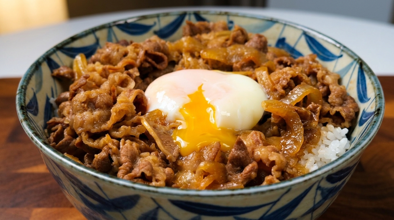 Gyudon Giapponese: Ciotola di Riso con Manzo e Uovo Onsen
