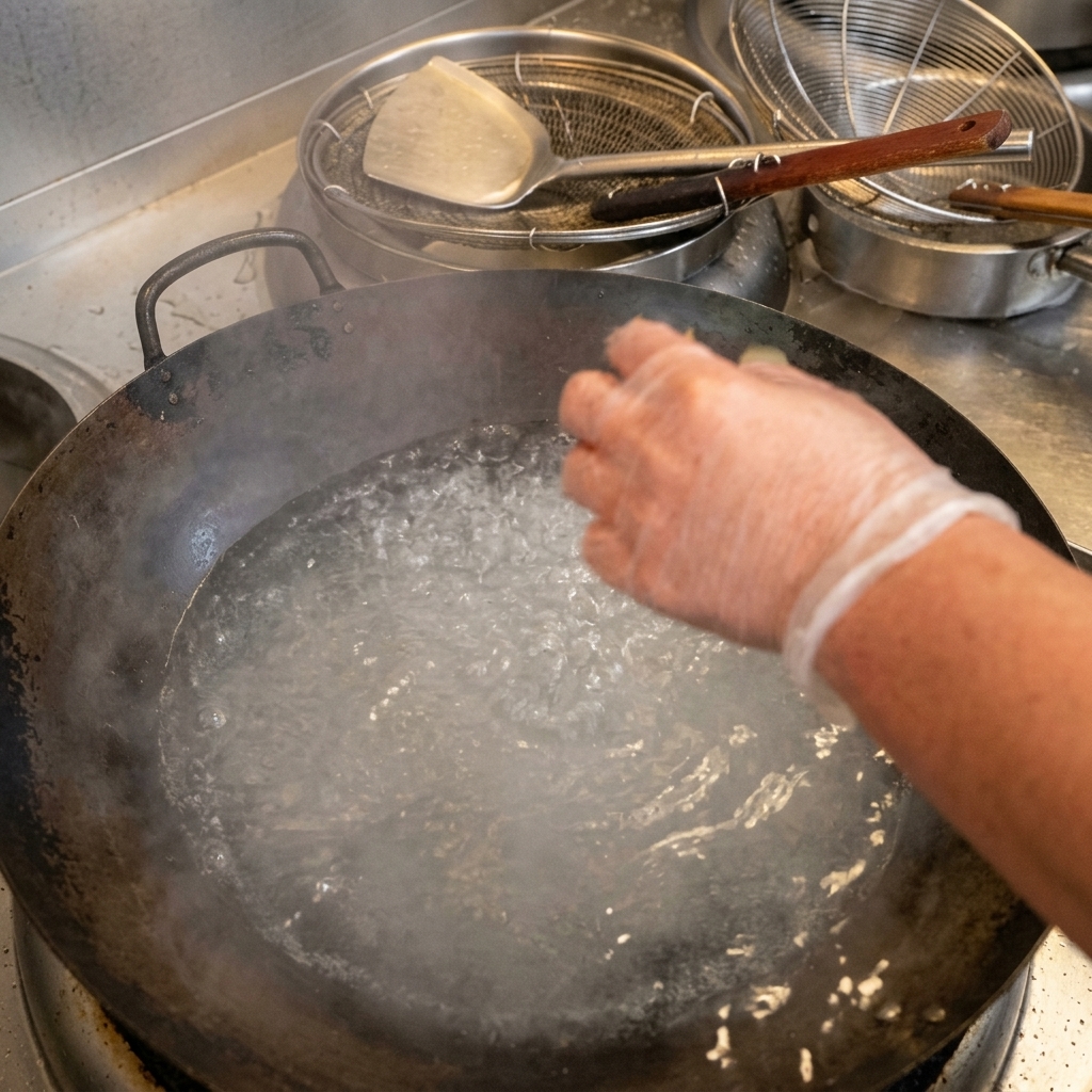 Una mano con guanti che immerge una foglia di alloro in un wok dacqua bollente con burro sciolto.