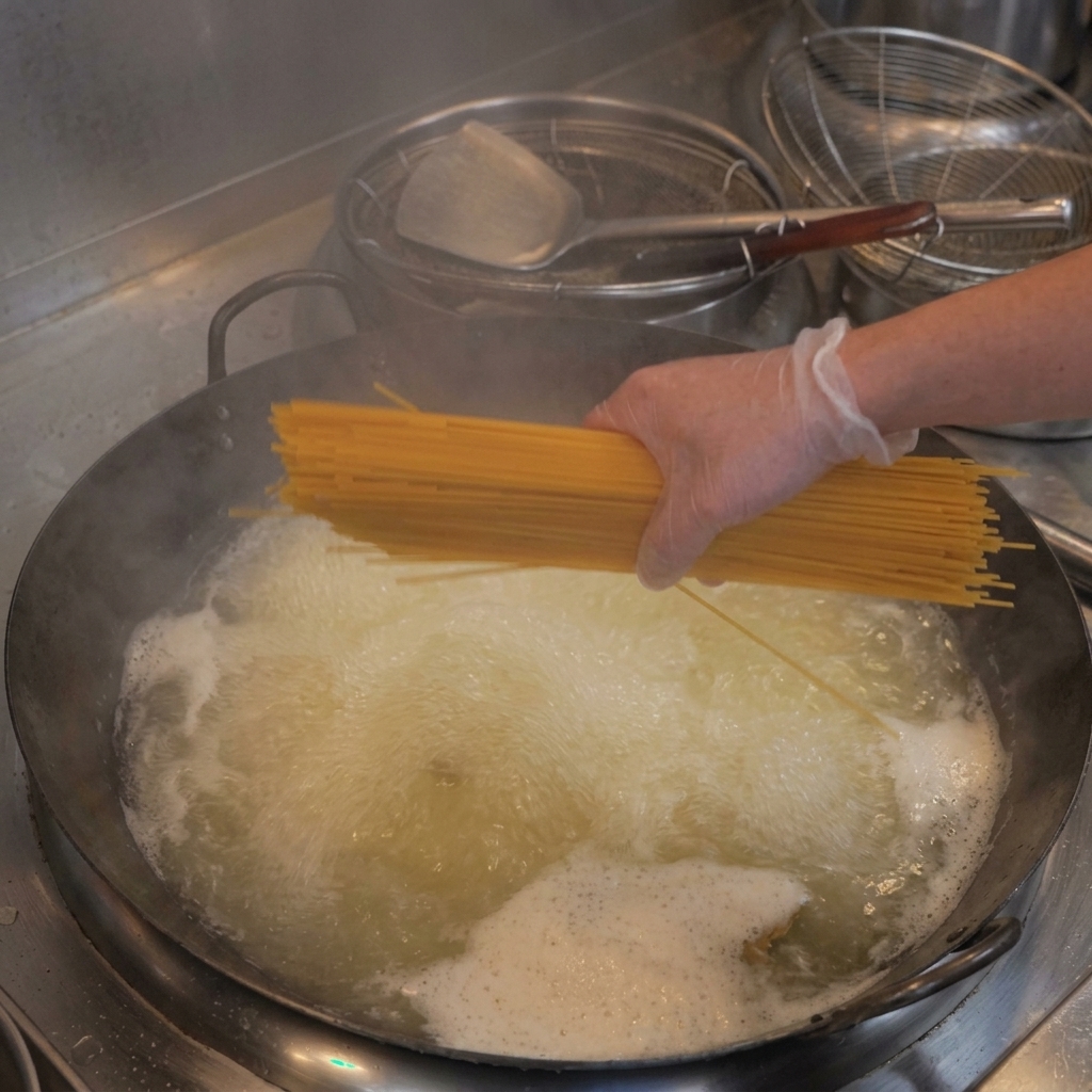 Una mano che dispone a ventaglio gli spaghetti secchi in un wok di acqua bollente.