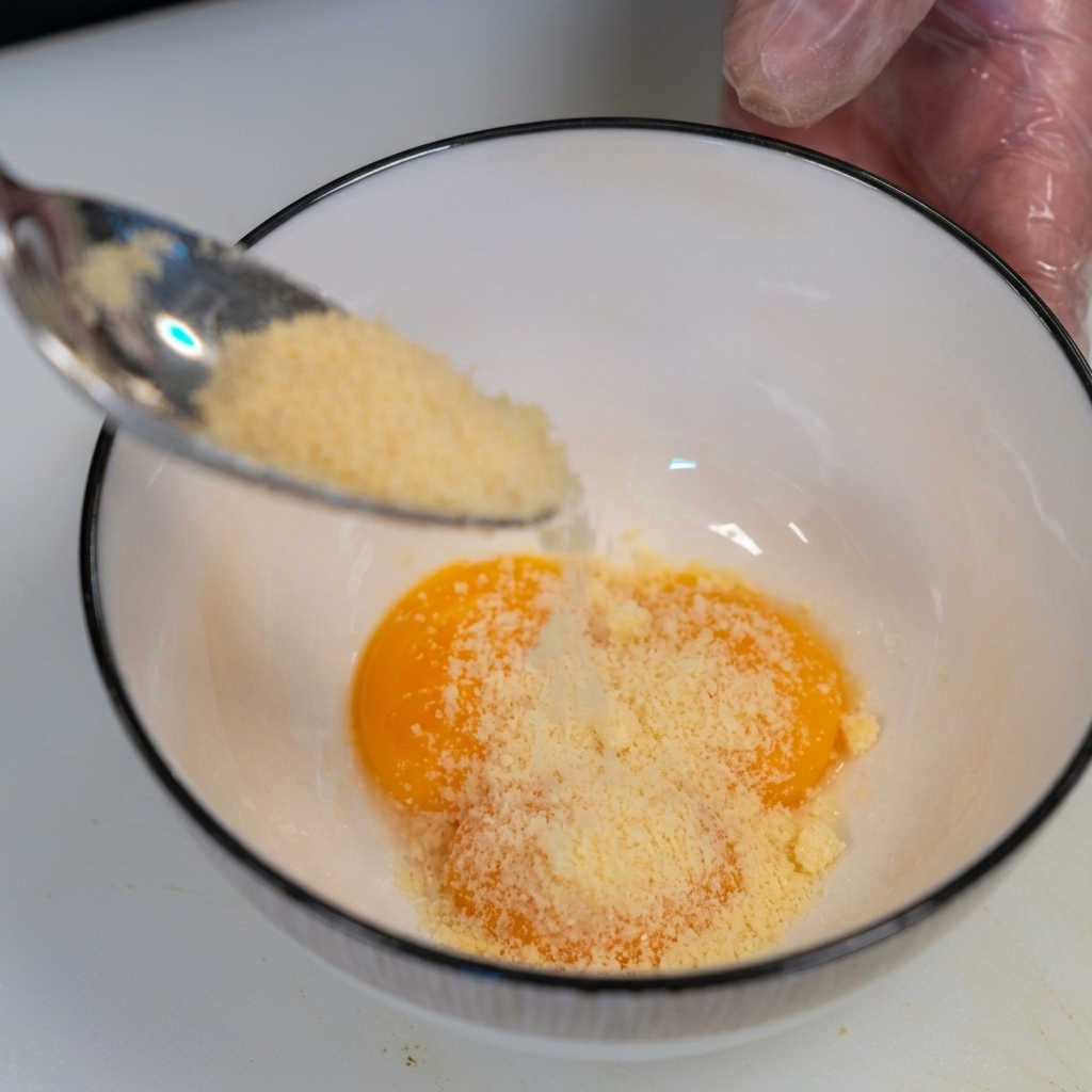 Un cucchiaio che versa formaggio grattugiato in una ciotola bianca con tre tuorli duovo crudi.