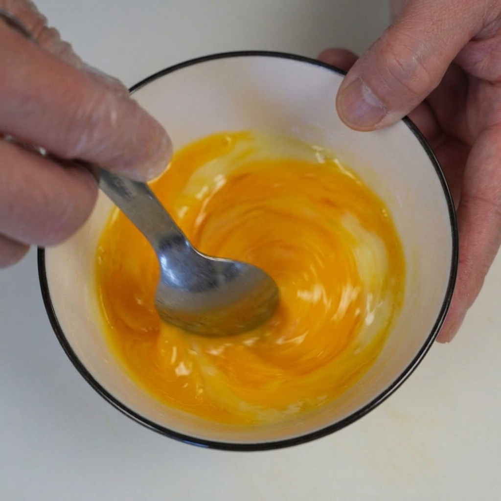 Tuorli duovo e formaggio grattugiato mescolati in una ciotola bianca con un cucchiaio di metallo.