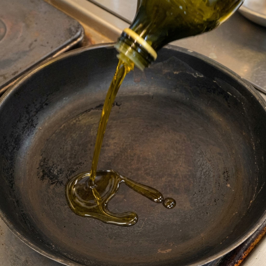 Olio doliva dorato versato da una bottiglia verde in una padella scura.