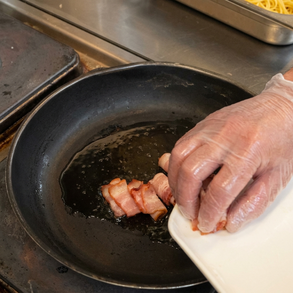 Una mano che fa scivolare fettine di pancetta da un piatto bianco in una padella con olio.
