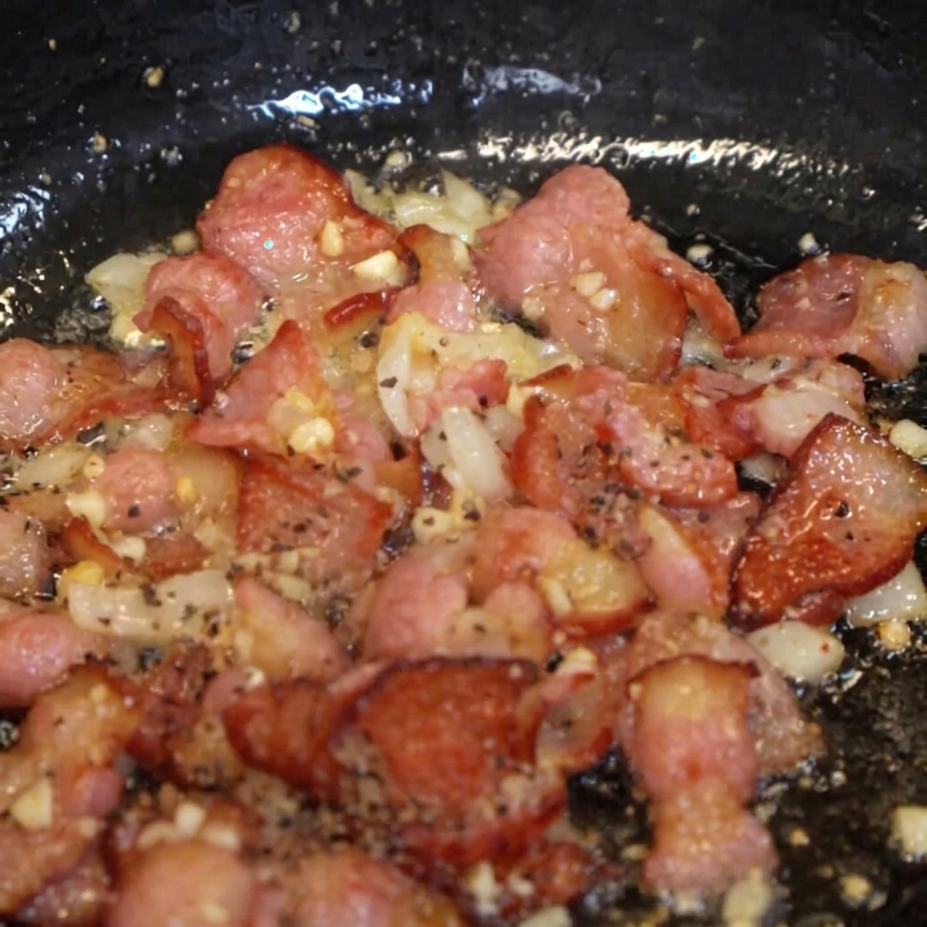 Pancetta e cipolla che sfrigolano in padella, condite con pepe nero macinato.