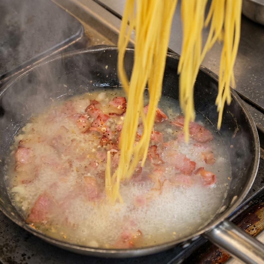 Spaghetti cotti calati in una padella con pancetta e cipolle sfrigolanti.