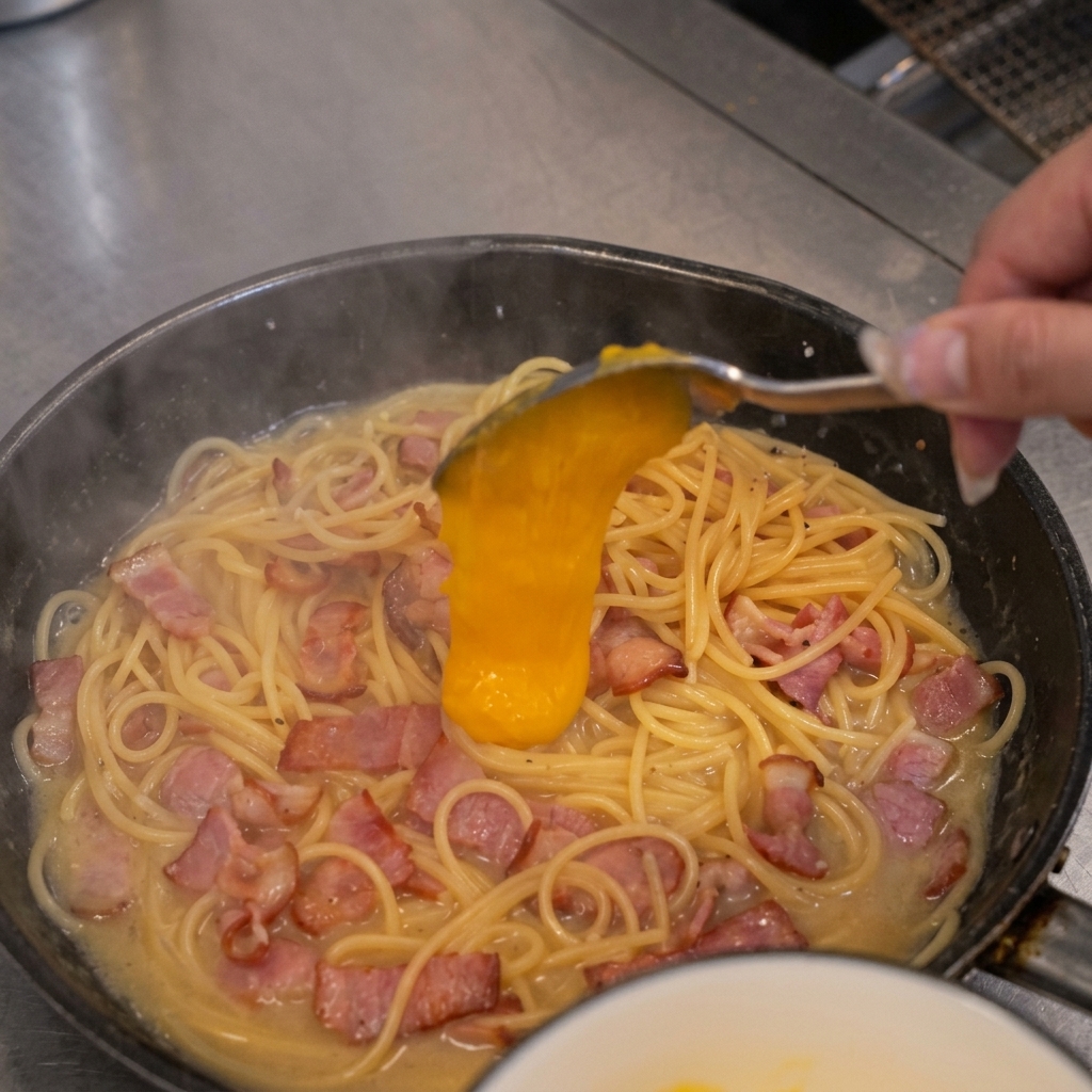 Salsa gialla cremosa versata con un cucchiaio su una padella di spaghetti e pancetta.