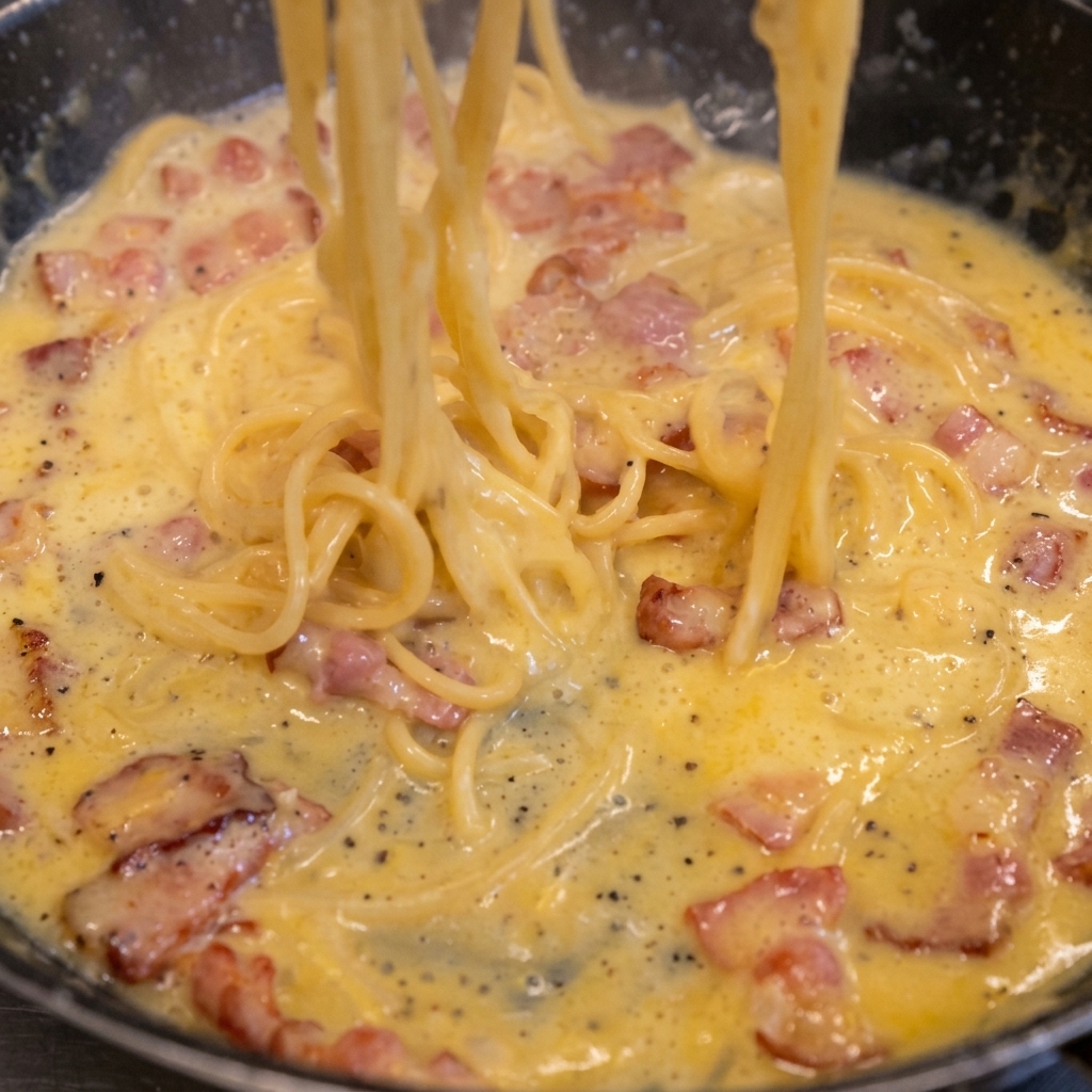 Spaghetti saltati in padella con una salsa di tuorli ricca e cremosa e pezzi di pancetta.