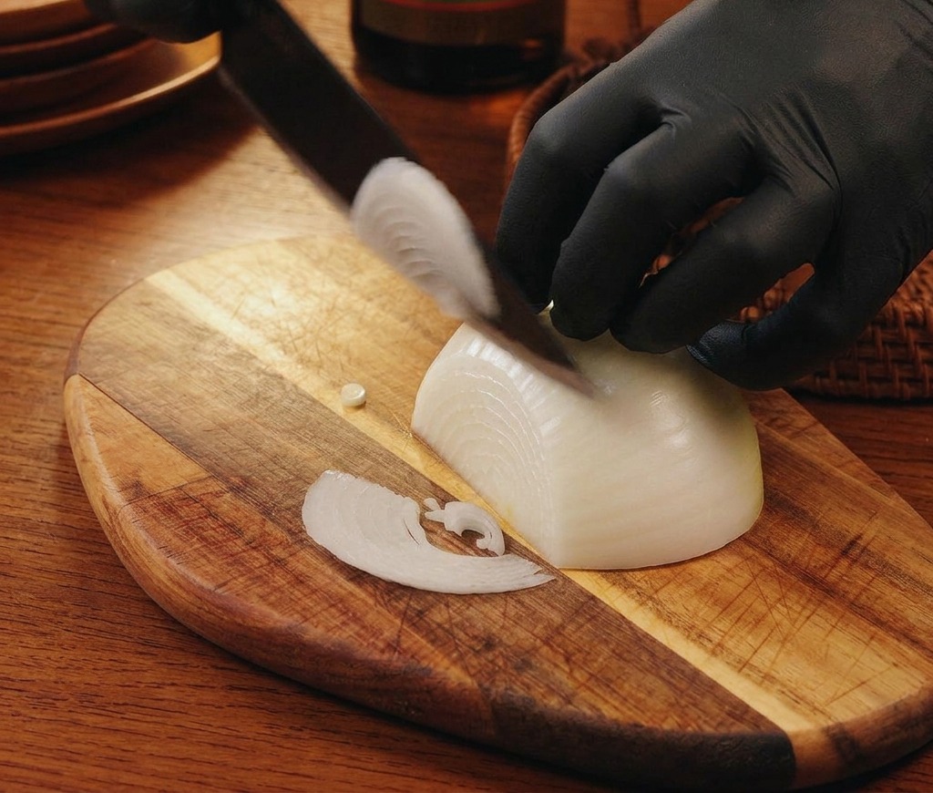 Taglio preciso di una cipolla bianca su un tagliere di legno.